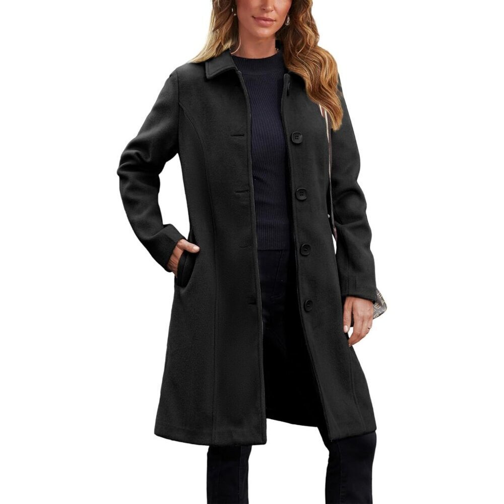 🆕Women's Black Pea Coat Single Breasted Winter Coat Dress Coat with Pockets